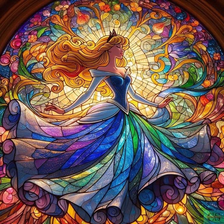 Stained glass art of woman with flowing hair surrounded by colorful floral patterns
