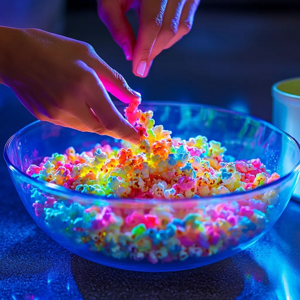 Hands picking colorful neon popcorn from a glass bowl under blue and pink light