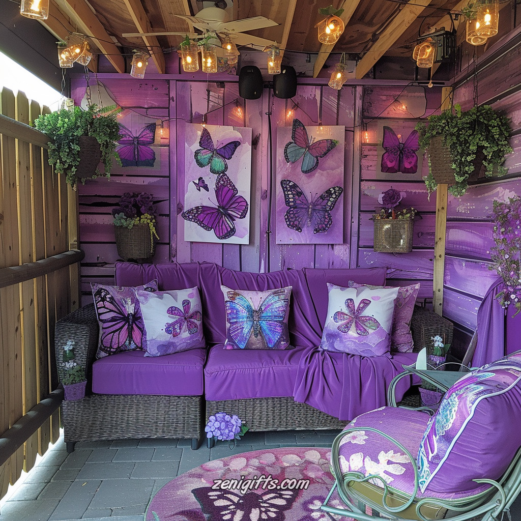 Purple patio seating area with butterfly decorations, cushions, string lights, and plants