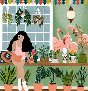 Illustrated woman in peach outfit surrounded by houseplants, hanging herbs, and flamingo artwork in a cozy interior