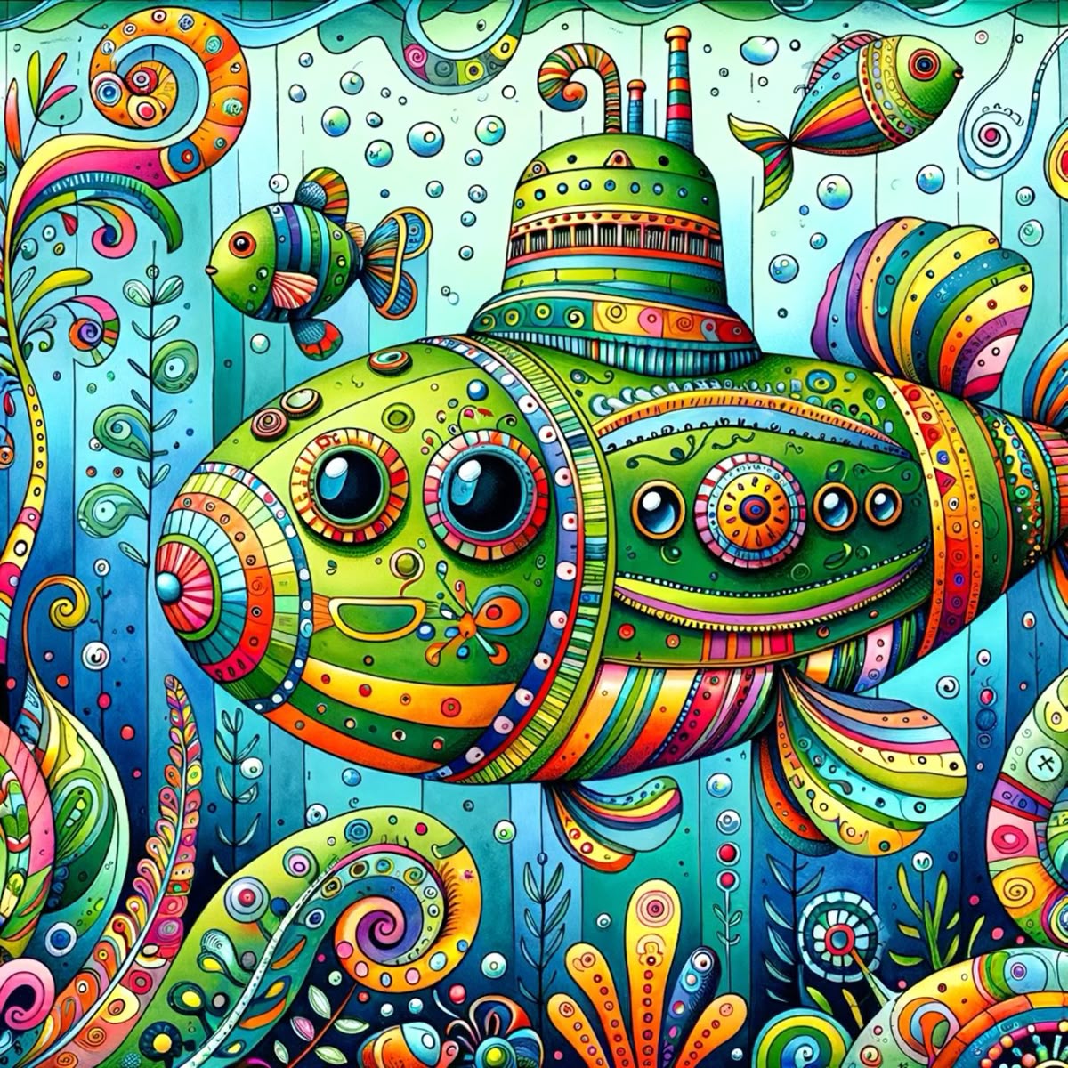 Whimsical patterned submarine with large eyes in turquoise water with fish and bubbles