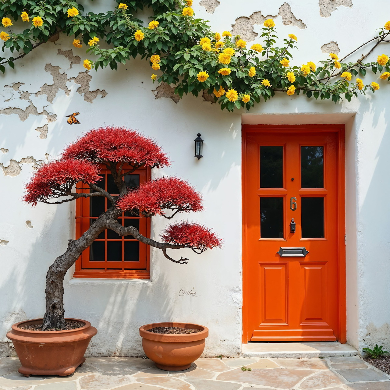 Orange door on white wall with red bonsai tree and yellow flowers