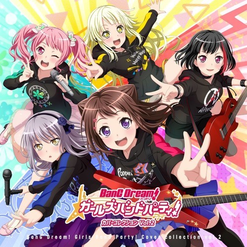 Five colorful anime girls from BanG Dream posing with instruments on a bright starburst background