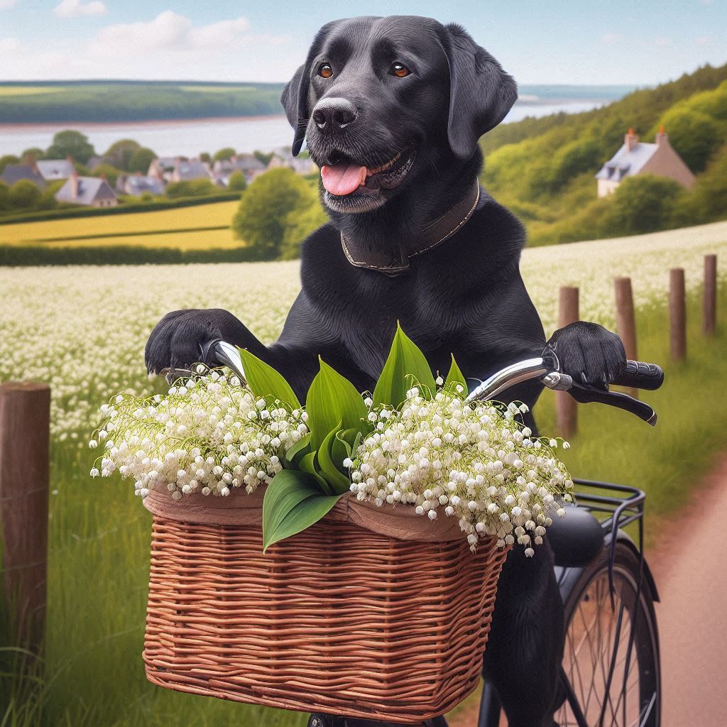 Black Labrador on a bicycle with a wicker basket of lily of the valley in a countryside setting