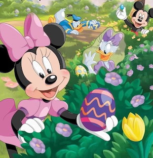 Minnie Mouse finding decorated Easter eggs in a garden with Donald Duck and Daisy Duck in the background