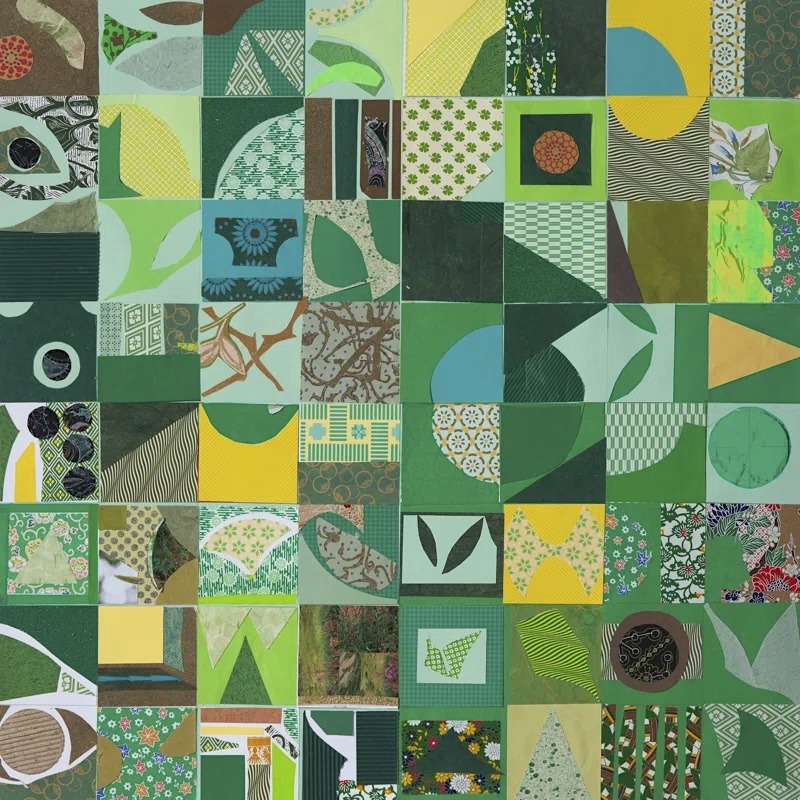 Grid collage of 64 squares with varied green, yellow patterns: geometric shapes, florals, textures, abstract designs