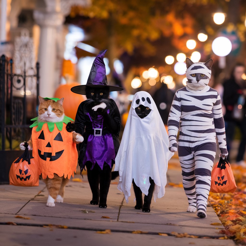 Four cats in Halloween costumes trick-or-treating on a sidewalk with pumpkins and autumn leaves
