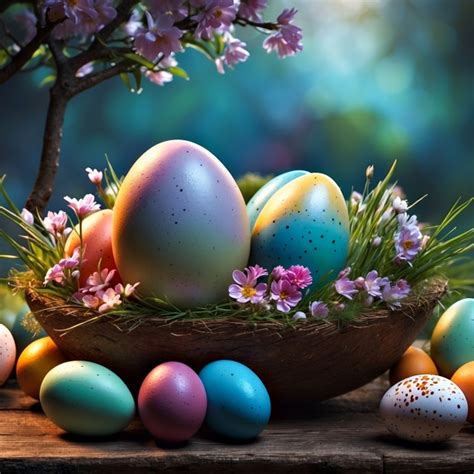 Colorful painted Easter eggs in a nest basket with pink flowers and cherry blossoms