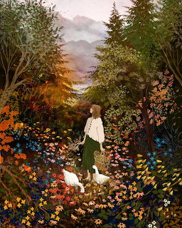 Woman in white and green walking through vibrant flower garden with white cat, trees and mountains behind