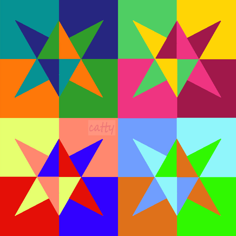 Grid of 16 squares with multicolored geometric star patterns