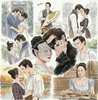 Illustrated collage of a Regency-era couple in multiple romantic scenes with period clothing and a masquerade mask