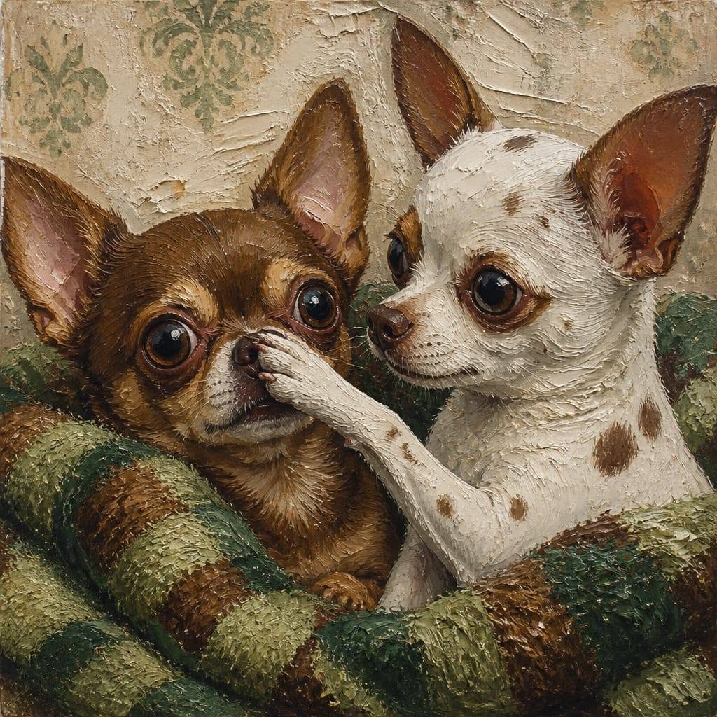 Painting of two chihuahuas cuddling in a blanket, one paw touching the other dog's face