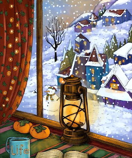 Window view of snowy village with houses, snowman, lantern on windowsill, and decorative curtain