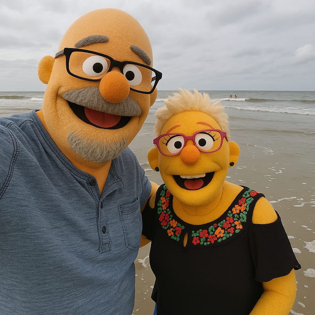Two smiling puppet characters in glasses taking a selfie on a cloudy beach