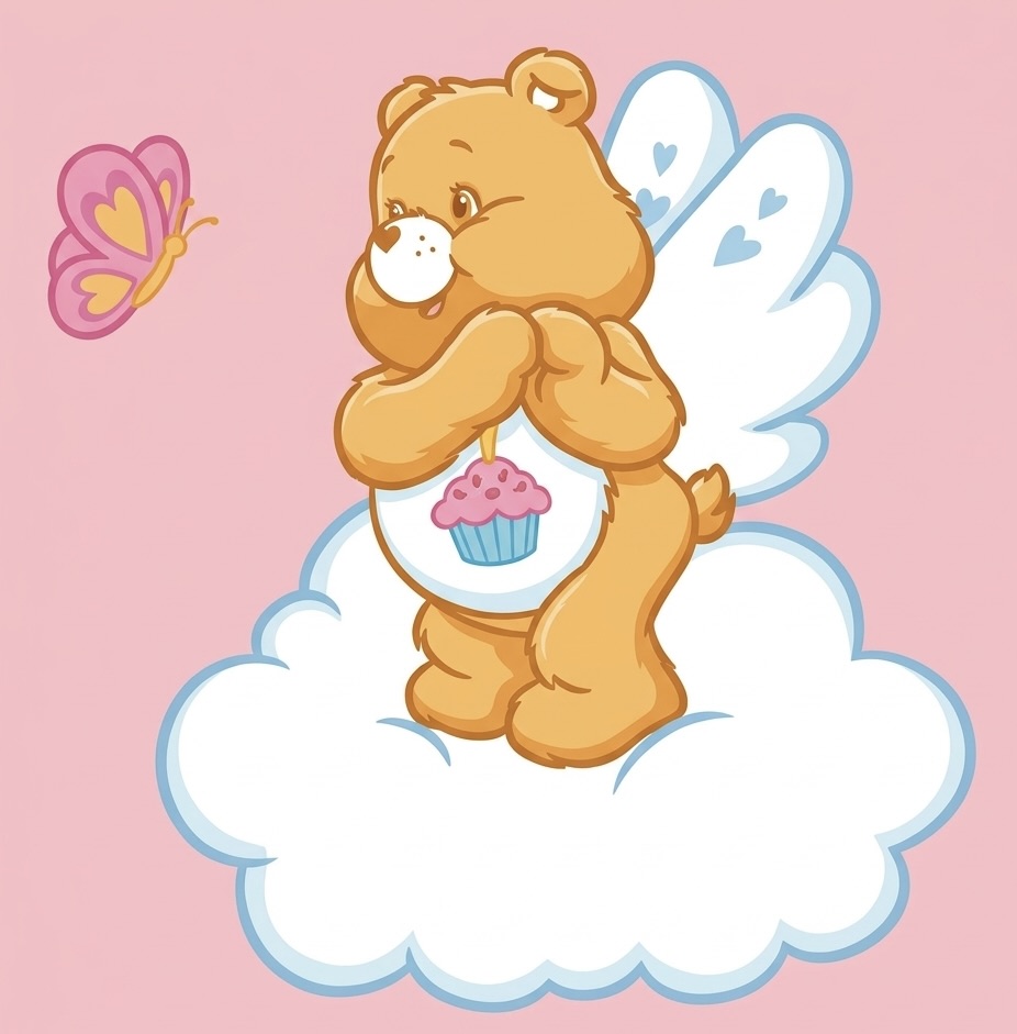 Birthday Bear with white wings standing on a cloud beside a pink butterfly.