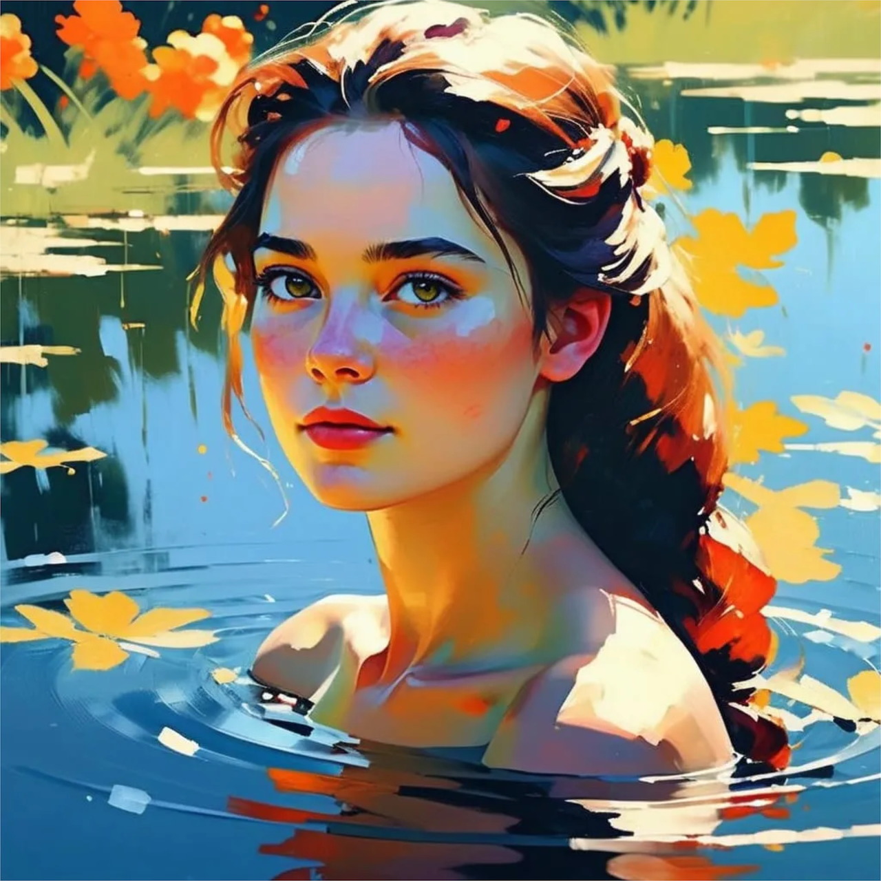 Stylized portrait of woman with braid in water with orange flowers and lily pads