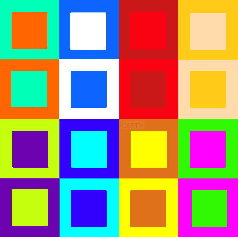 Grid of 16 colorful squares, each containing a smaller nested square in contrasting colors