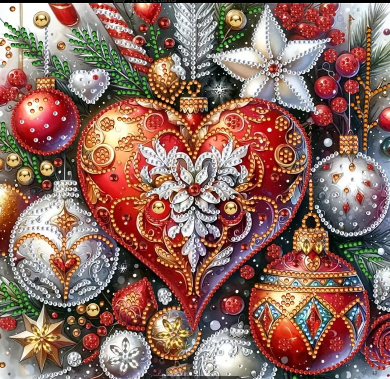 Red ornate heart surrounded by colorful Christmas baubles, pine branches, and festive decorations