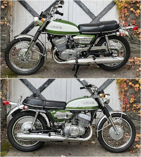 Vintage Suzuki T500 Titan motorcycle with green tank, chrome exhaust, displayed from left and right side views