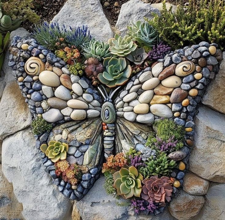 Butterfly shaped garden art made of stones, succulents and small flowering plants on pebble ground