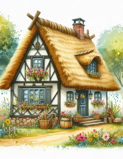 Whimsical illustration of a cozy cottage with thatched roof, timber frame, flowers, and garden baskets