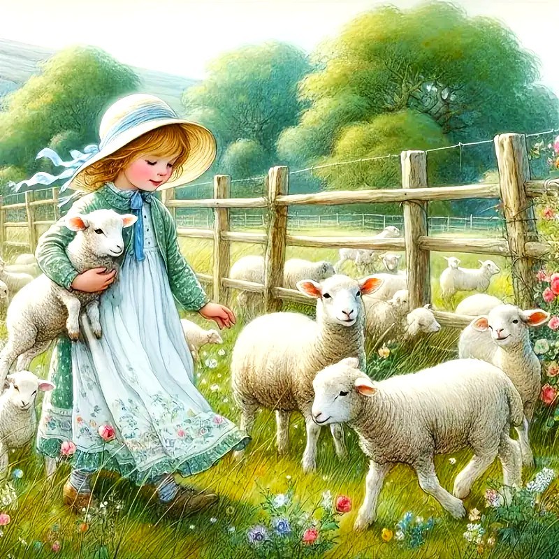Young girl in straw hat holding lamb in flower-filled meadow with sheep by wooden fence