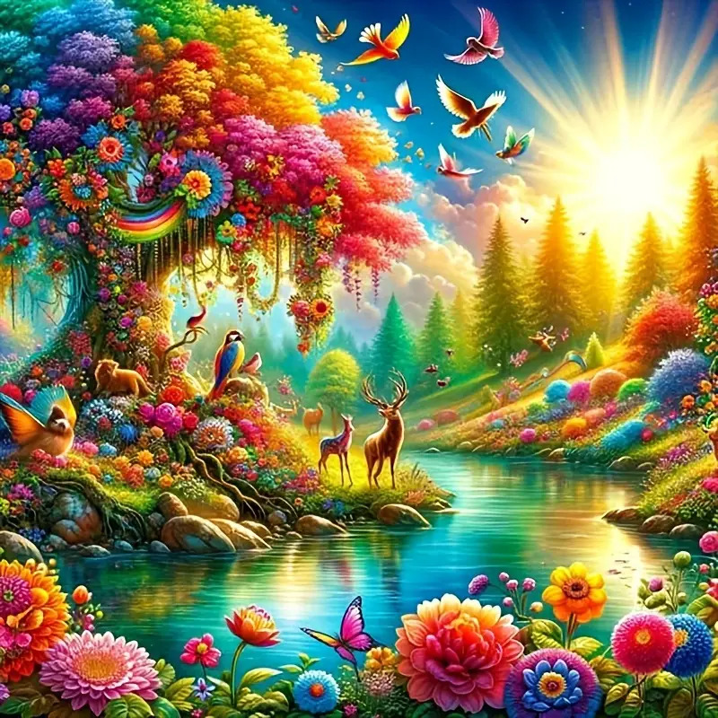 Fantasy landscape with rainbow trees, wildlife, waterfalls, and vibrant flowers under a radiant sun
