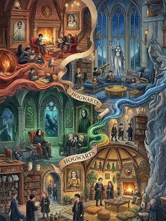 Multi-level magical castle interior with Gothic architecture, staircases, portraits, and robed figures in dimly lit chambers