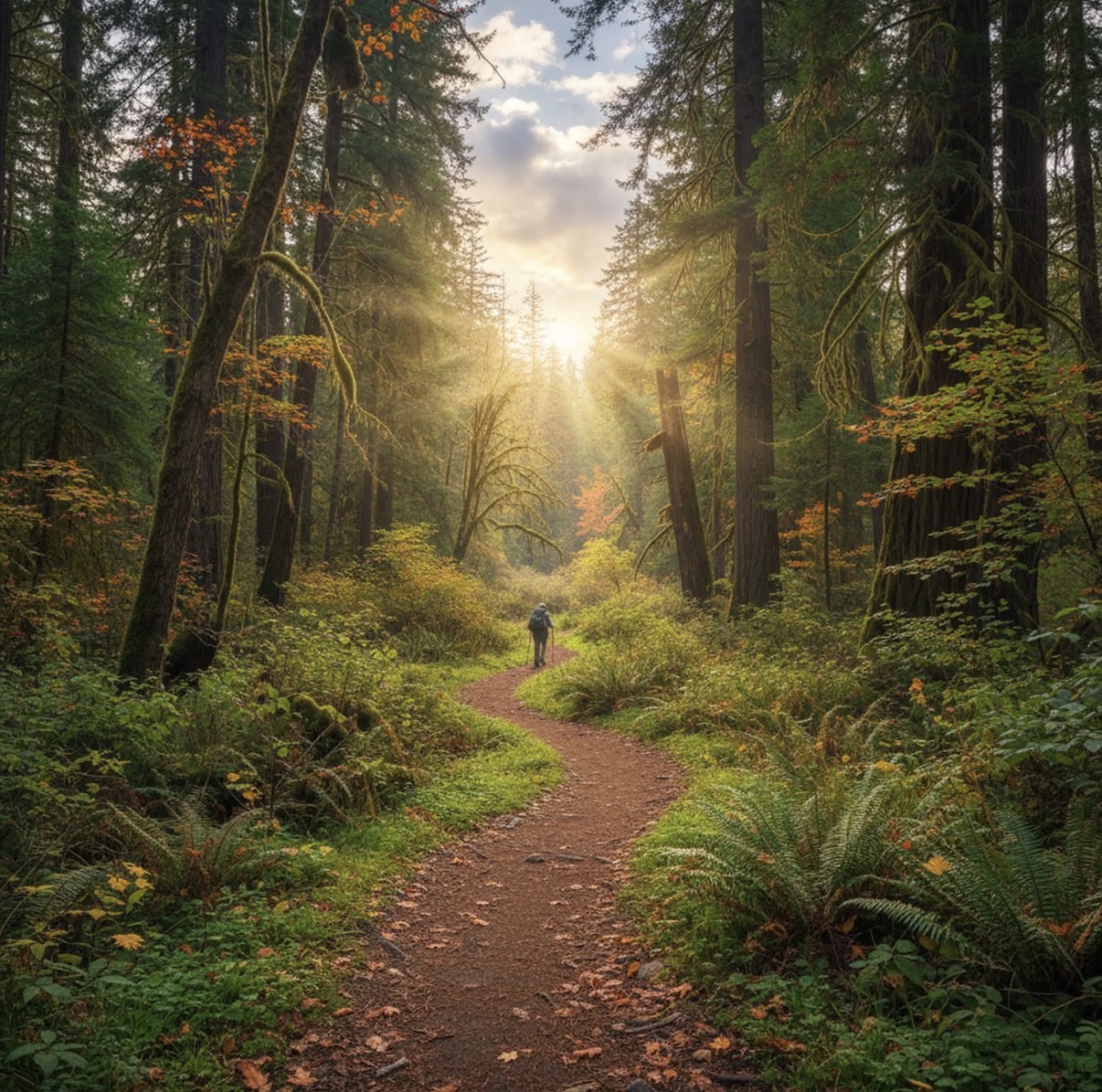 Sunlit forest trail winding through tall trees with a person walking ahead