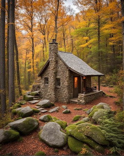 Small stone cabin with slate roof surrounded by large mosy rocks in an autumn forest