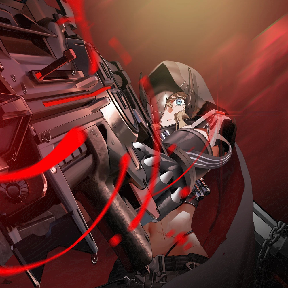 Anime girl in hood and tactical outfit aiming large gun with red lighting effects