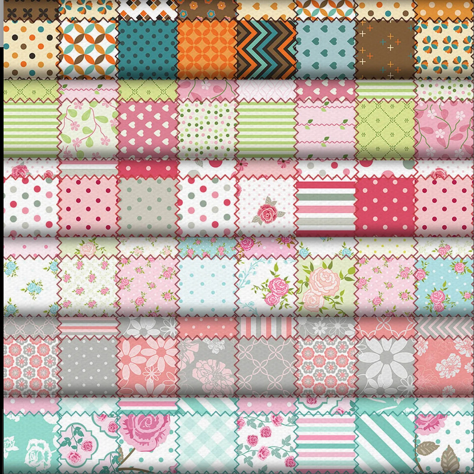 Grid of 56 patchwork quilt squares with various patterns including polka dots, stripes, florals in soft colors