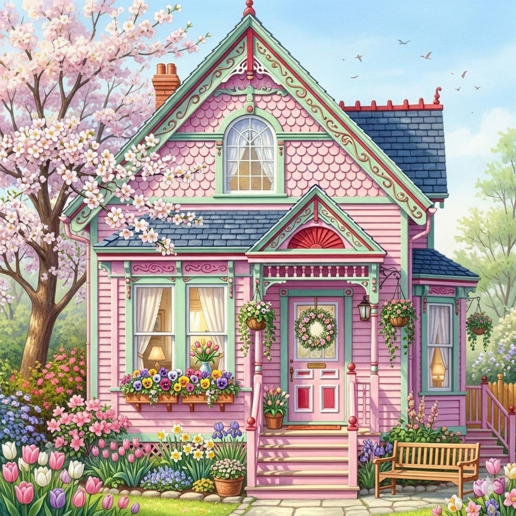 Pink Victorian cottage with gingerbread trim, blooming cherry tree, and colorful flower garden in spring