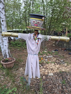 Homemade scarecrow with tin can arms, striped robe, and painted face in a garden setting