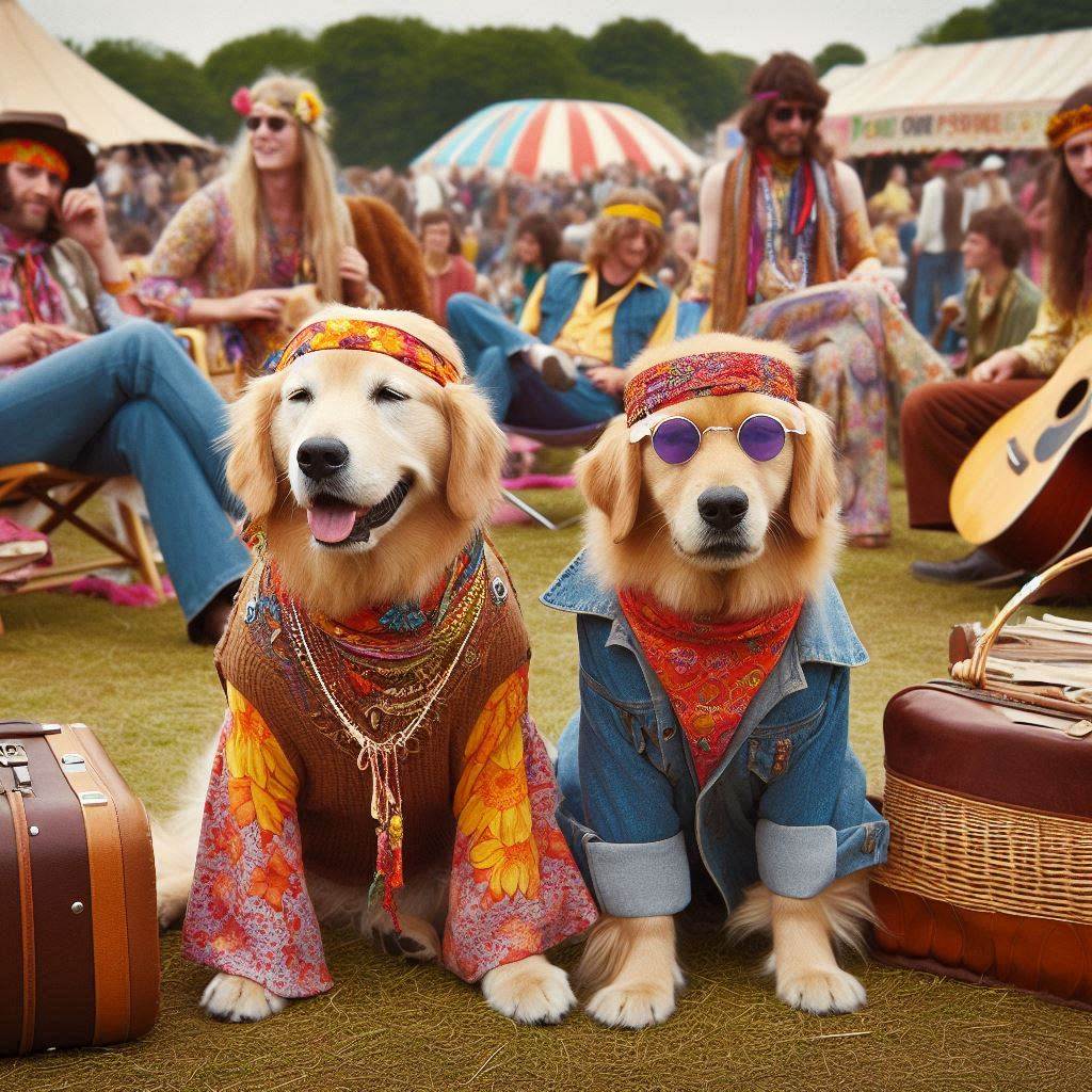 Two golden retrievers wearing hippie outfits and sunglasses at an outdoor festival with people in 1960s clothing