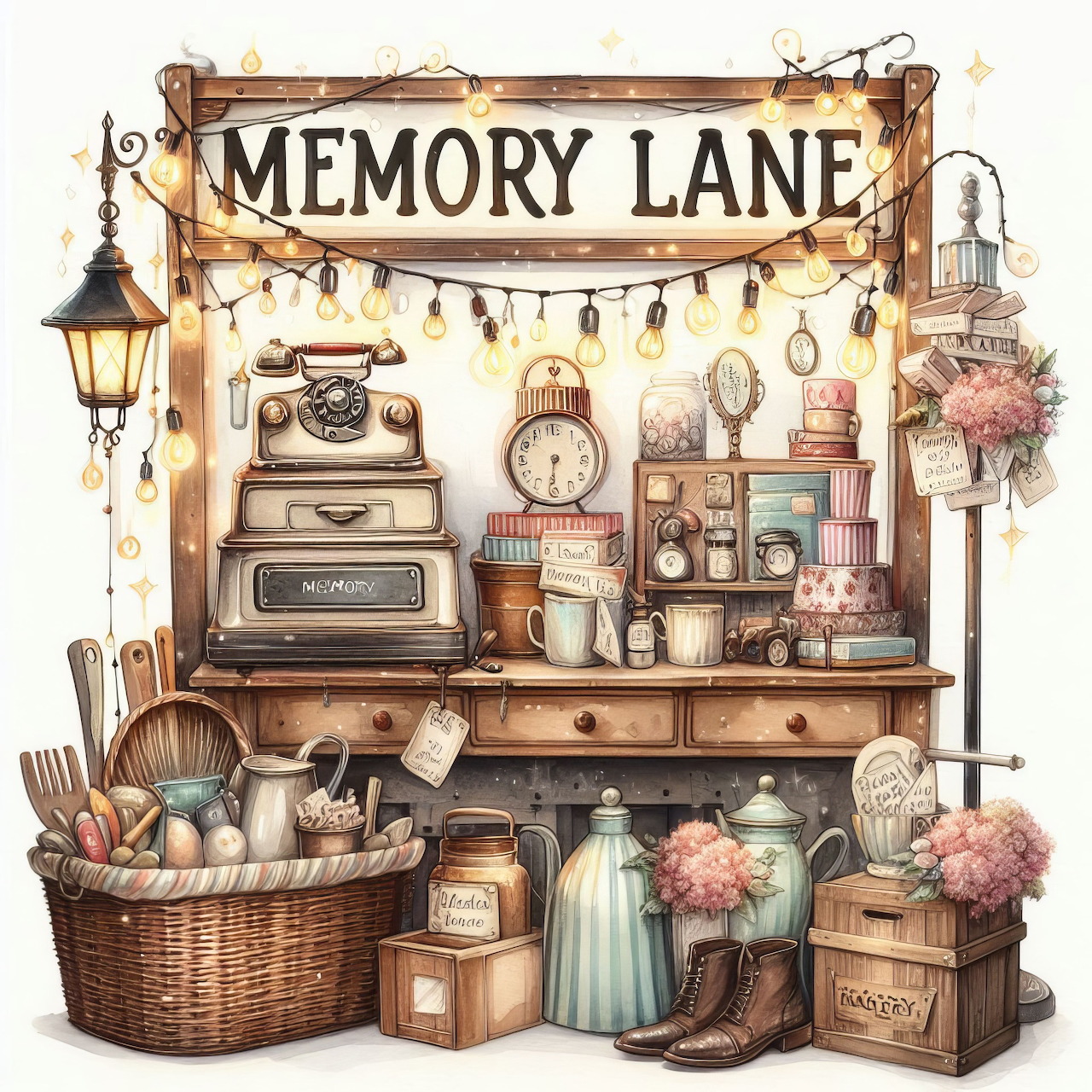 Vintage shop display illustration with a Memory Lane sign, old register, baskets, flowers, and lanterns