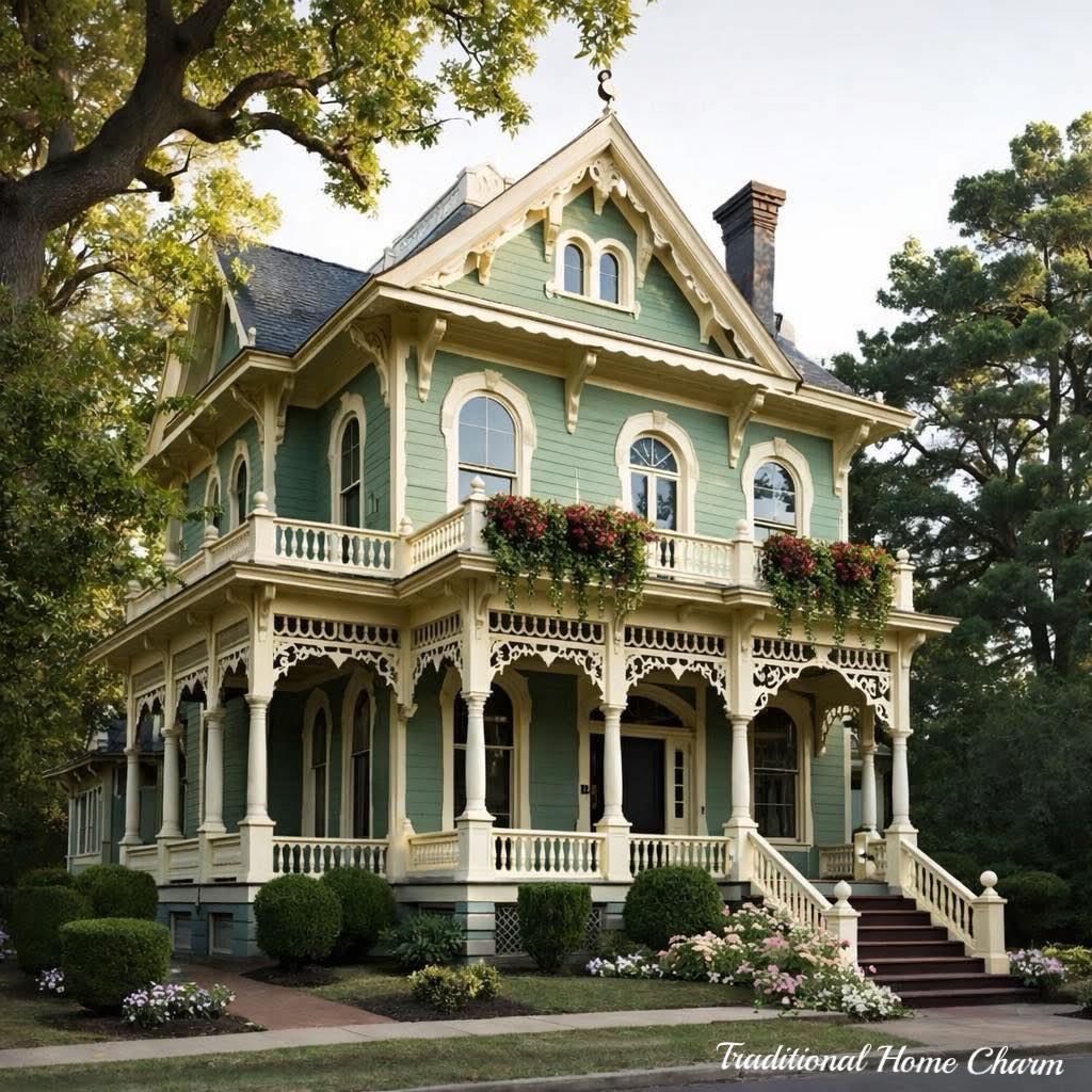 Victorian house with green siding, white ornate trim, wraparound porch, and arched windows surrounded by trees