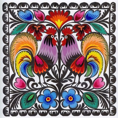 Polish folk art with two colorful roosters and floral patterns in wycinanki papercut style