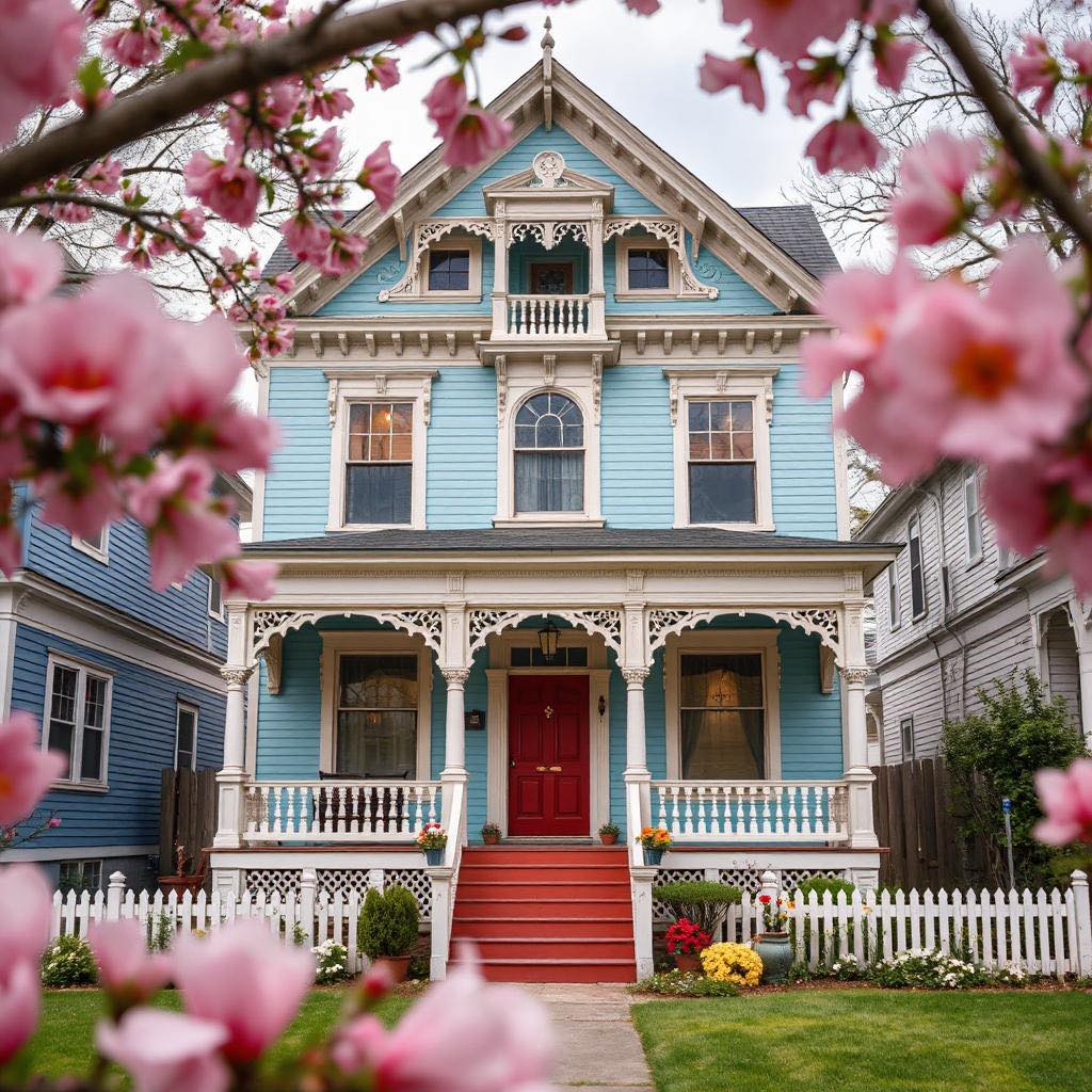 Blue Victorian house with white decorative trim and pink cherry blossoms in foreground