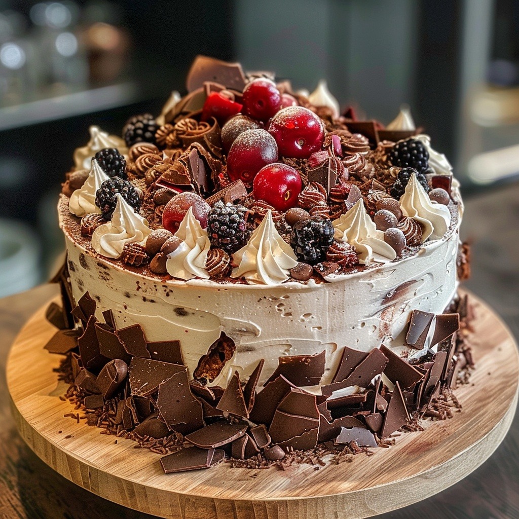 Chocolate cake with berries, piped frosting, and chocolate shards on a wooden board