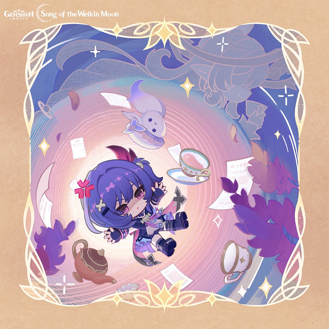 Chibi anime character in blue outfit surrounded by magical books and fantasy creatures in purple and pink swirls