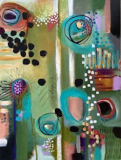 Abstract painting with colorful circles, dots and geometric shapes on green background