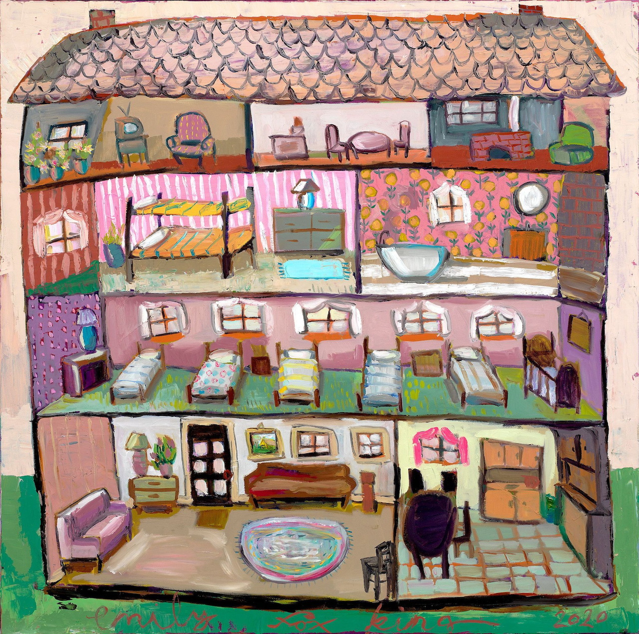Three-story dollhouse cutaway showing furnished miniature rooms with vintage decor and colorful wallpaper patterns