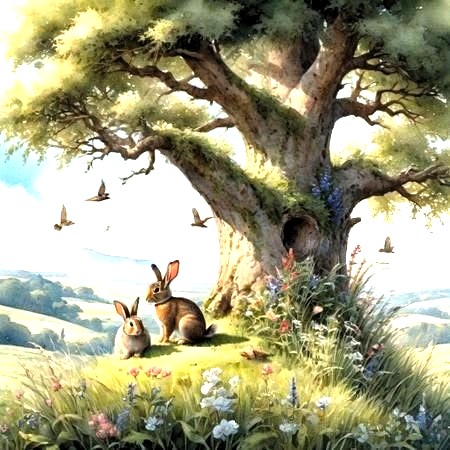 Two bunnies sit under a large tree on a sunny grassy hill in a painted countryside scene.