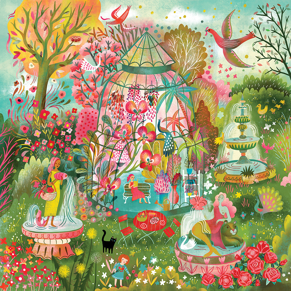 Colorful illustrated garden with a greenhouse, fountains, flowers, birds, and statues