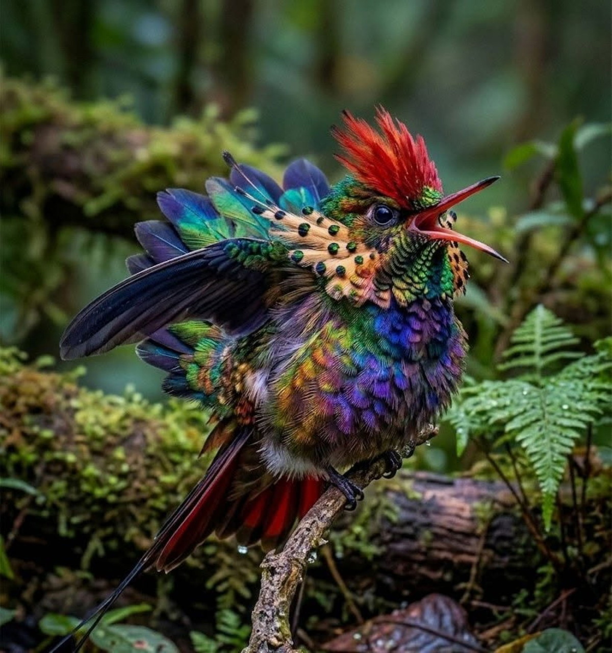 Colorful hummingbird with iridescent feathers and a red crest perched on a branch in a forest
