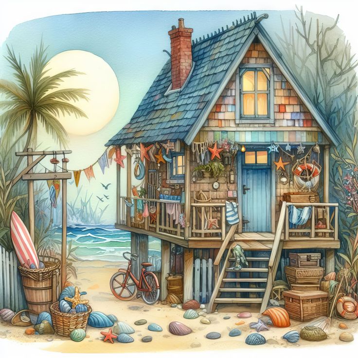 Illustrated coastal cottage on stilts with blue siding, porch, palm tree, surfboard, and ocean backdrop