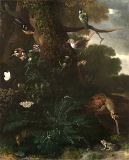 Classical painting of birds among dense forest plants and a tree in a dark woodland scene
