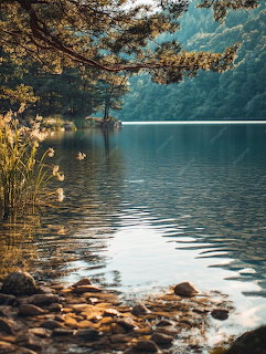 Calm lake reflecting lush green forest with pine tree branches overhead and rocky pebble shoreline