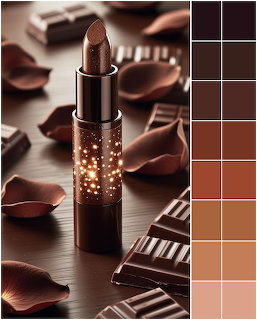 Brown glitery lipstick with chocolate bars and dark petals beside a brown color palette grid